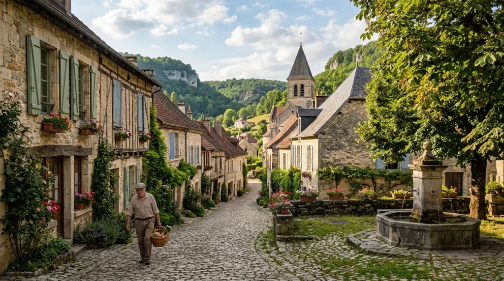 Rue pavée d'un village ancien avec église et maisons en pierre