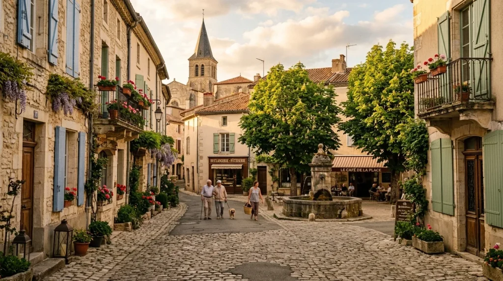 Place de village provençal avec église, fleurs et façades en pierre