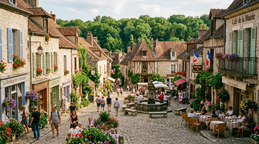 Rue pavée de village médiéval avec touristes, fleurs colorées et restaurants.