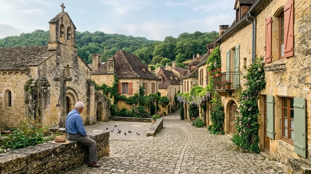 Homme assis observant un village en pierre avec église