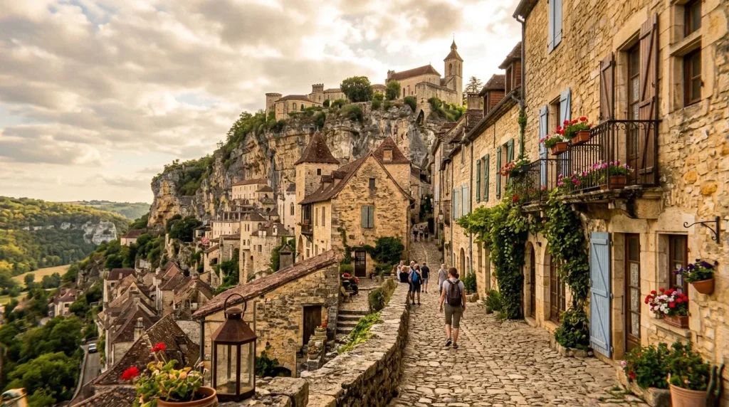 Rue pavée d'un village médiéval perché sur une falaise rocheuse