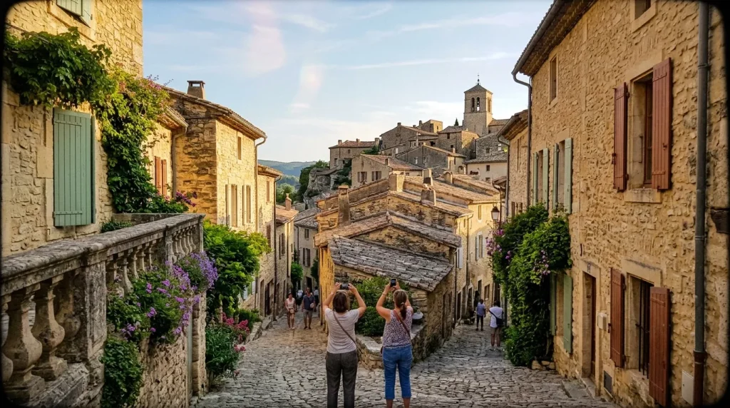 Rue pavée d'un village médiéval italien avec pierre dorée et fleurs