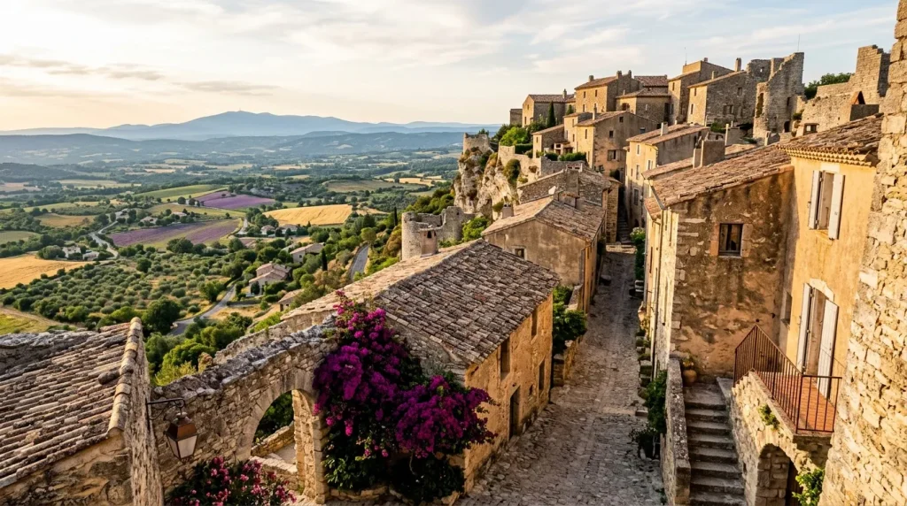Village médiéval perché en Toscane avec vallée verdoyante