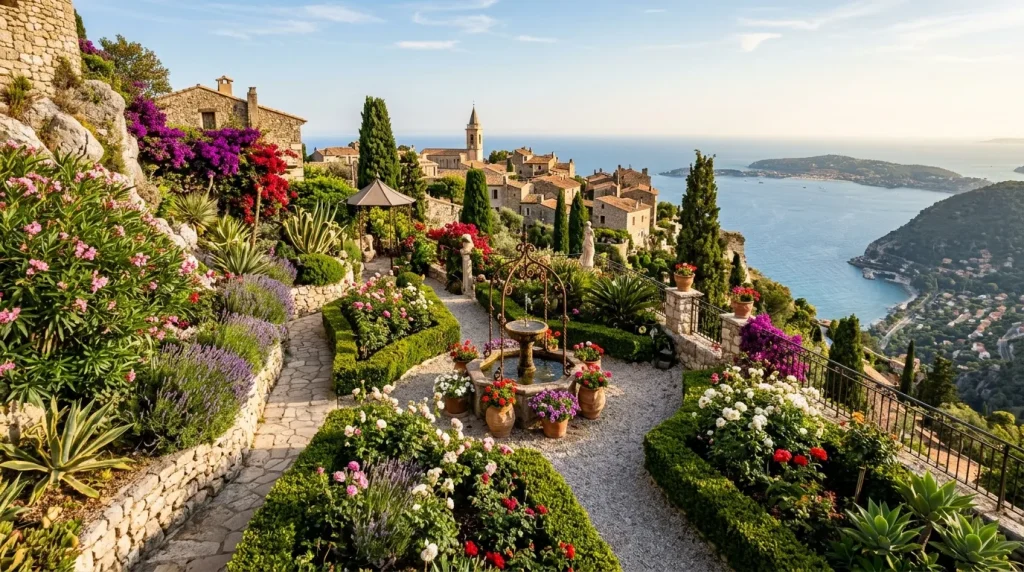 Jardin fleuri dominant village côtier méditerranéen avec mer bleue