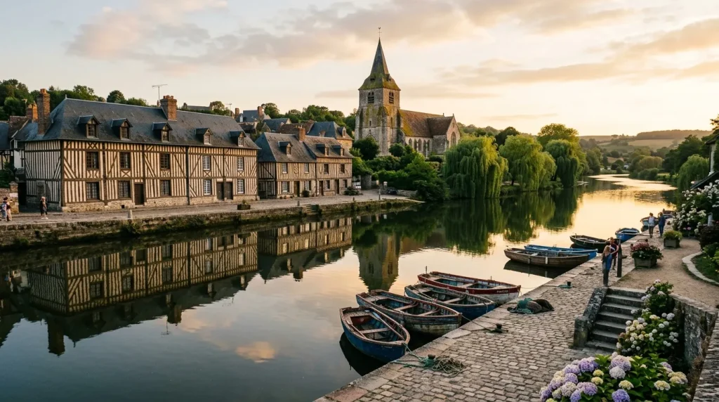 Maison à colombages normande avec église et bateaux sur rivière