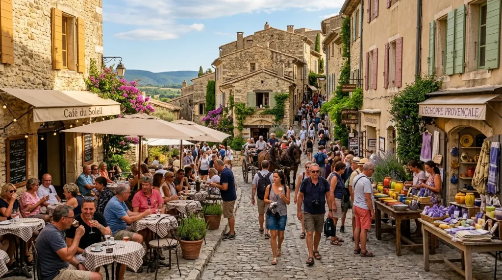 Rue pavée d'un village méditerranéen avec terrasses, boutiques et touristes