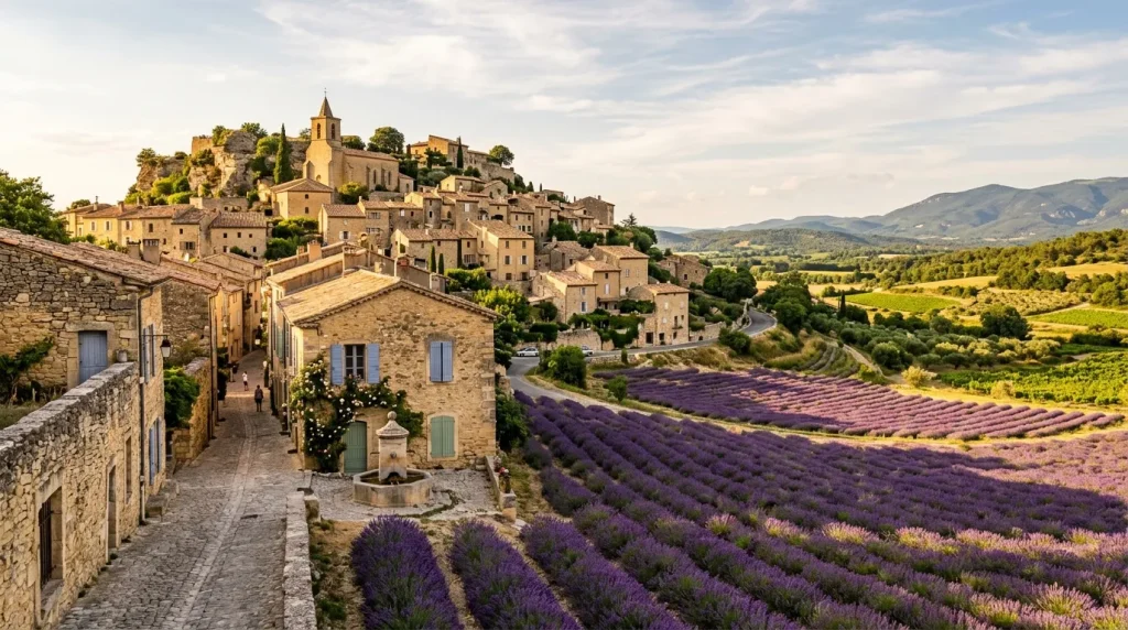 Village médiéval perché avec champs lavande violets