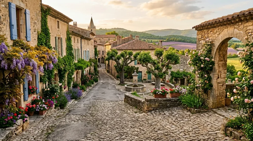 Rue pavée de village médiéval français avec fleurs colorées