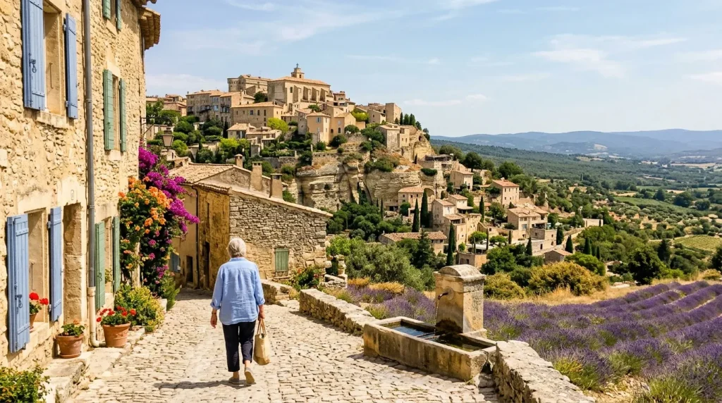 Femme marchant dans un village perché provençal avec lavande