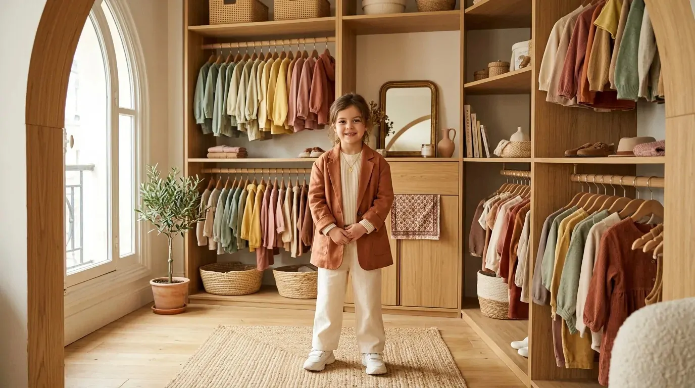 Un jeune enfant, vêtu d'un blazer marron et d'un pantalon blanc, se tient debout, tout sourire, dans un placard parfaitement rangé, où l'on trouve des vêtements classés par couleur, des paniers, des étagères en bois et une fenêtre laissant entrer la lumière naturelle.