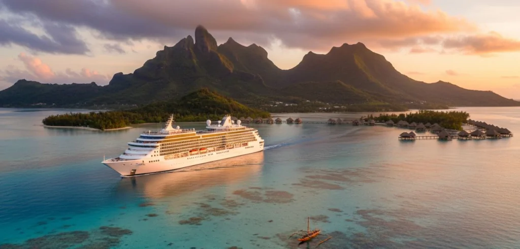 Au coucher du soleil, un grand paquebot blanc navigue près de bungalows sur pilotis et de montagnes verdoyantes, au milieu d'eaux turquoise cristallines et de récifs coralliens.
