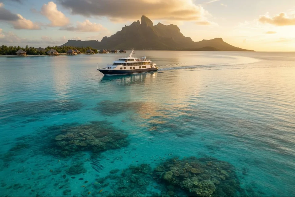 Un bateau navigue sur une eau turquoise cristalline, au-dessus de récifs coralliens, avec des paillotes tropicales sur la rive et une montagne en arrière-plan, au coucher du soleil.