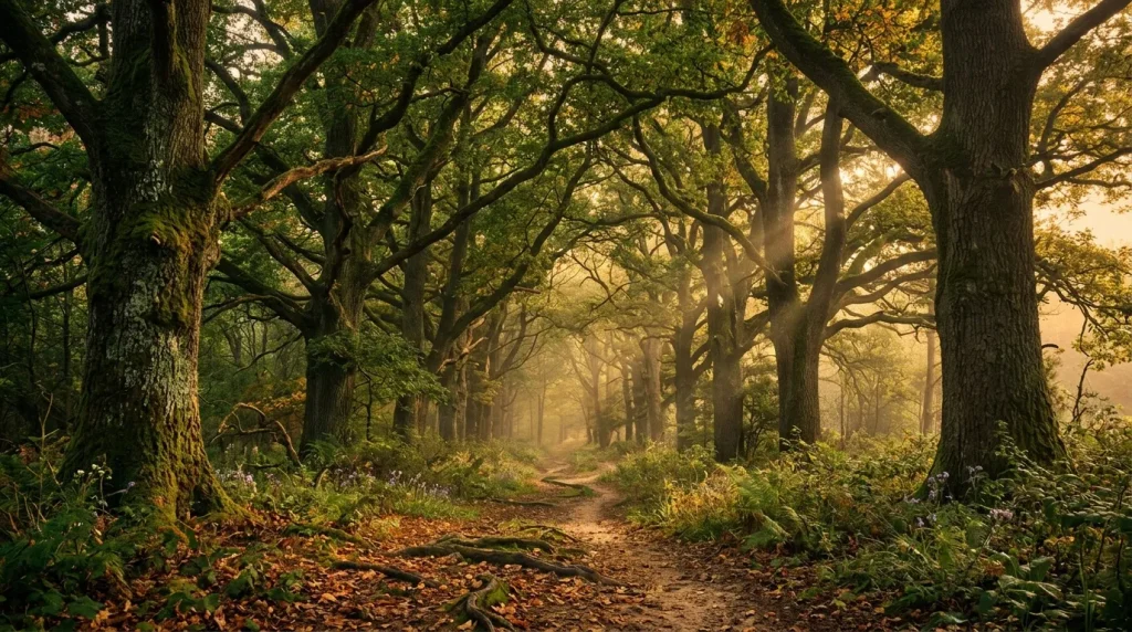 Sentier forestier entre grands arbres avec lumière dorée