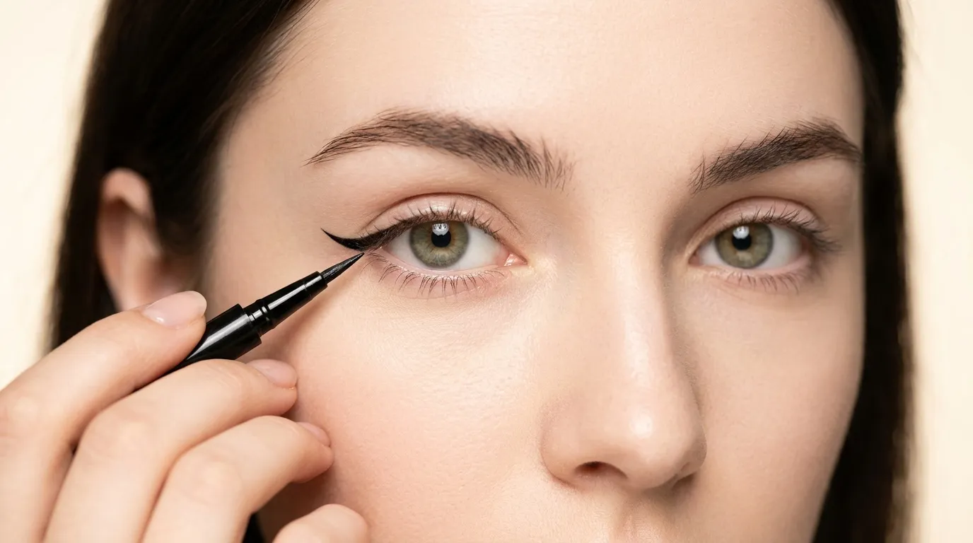 Femme appliquant un eyeliner noir sur son paupière gauche