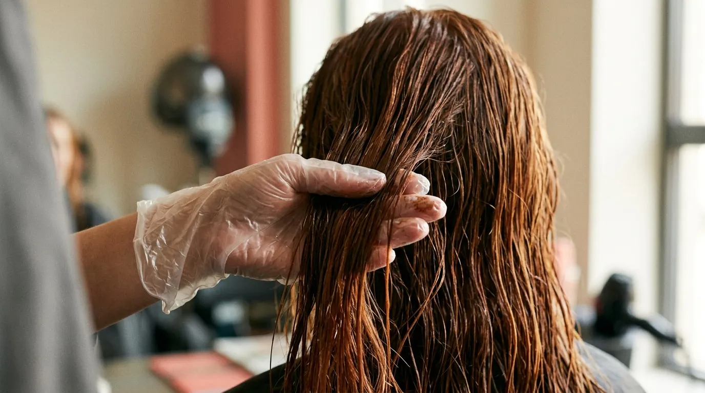 Coiffeur appliquant un soin sur cheveux bruns mouillés