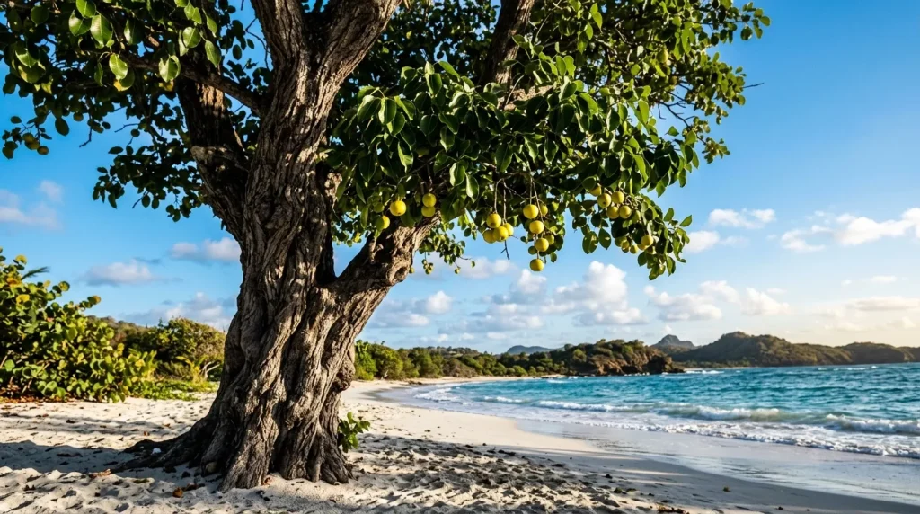Grand arbre avec fruits jaunes sur plage de sable blanc