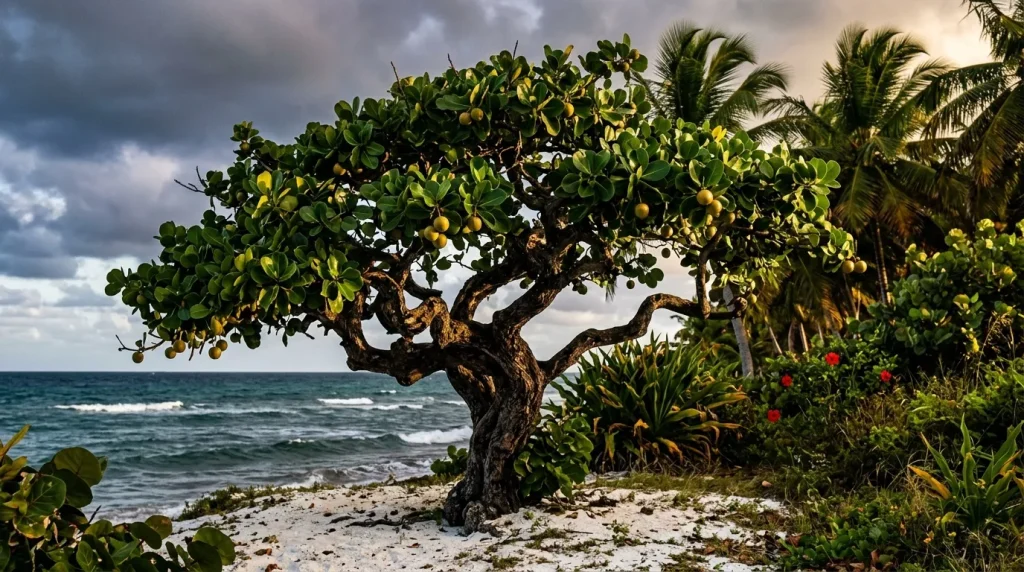 Manguier noueux sur plage face à l'océan tropical