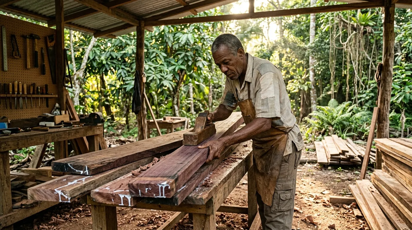 Homme travaillant le bois avec un ciseau dans un atelier