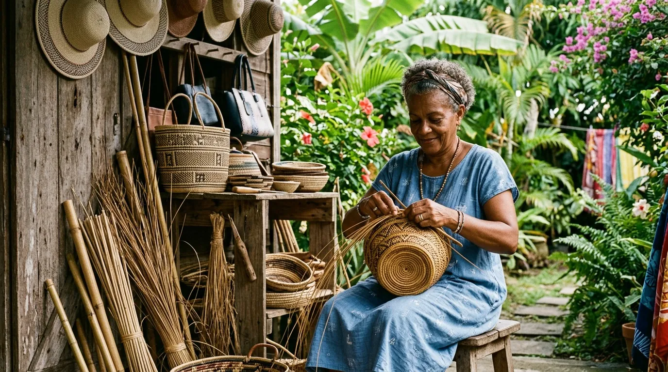 Femme tressant un panier en osier dans son atelier