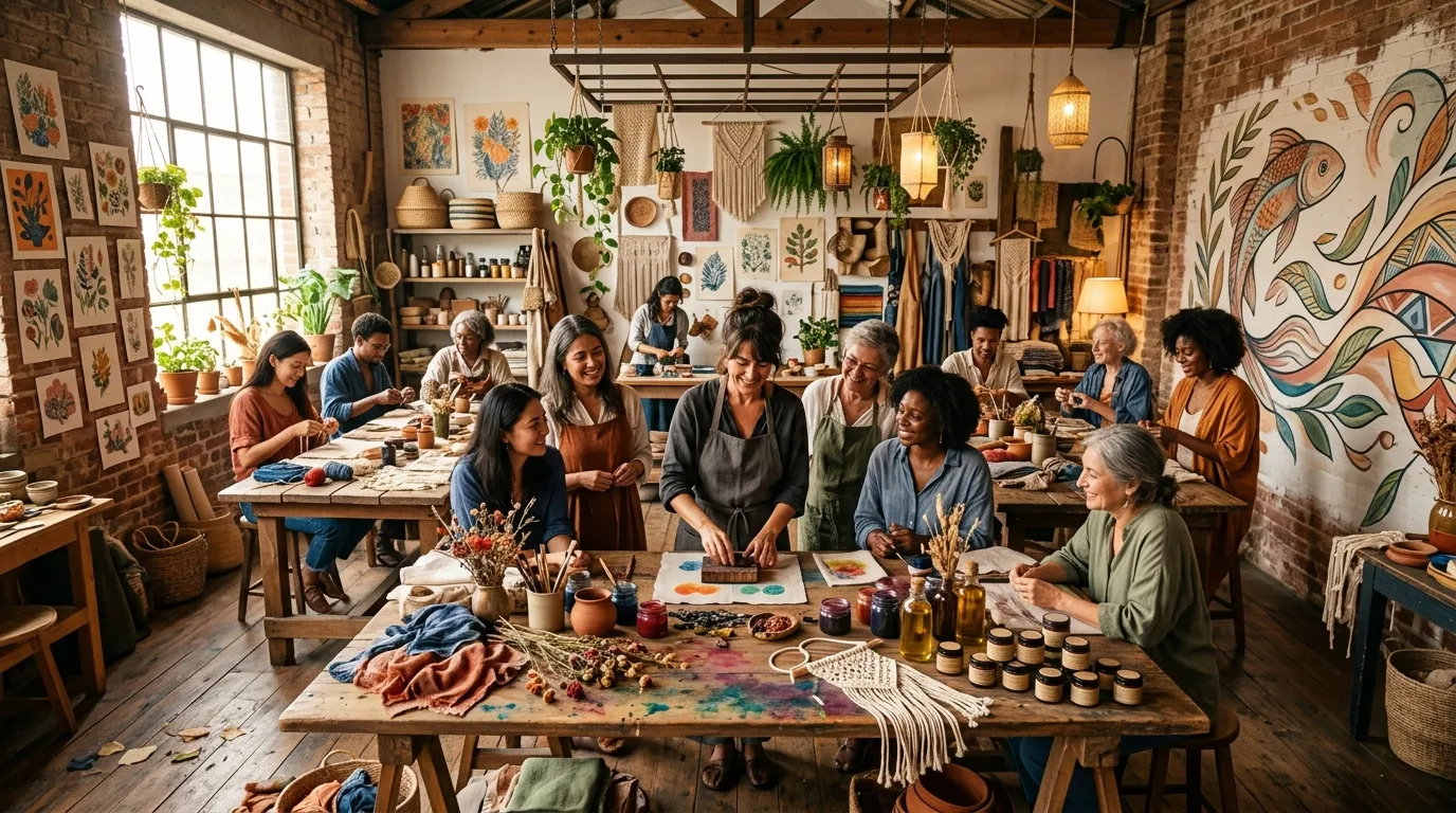 Groupe de femmes créatives travaillant ensemble dans un atelier bohème