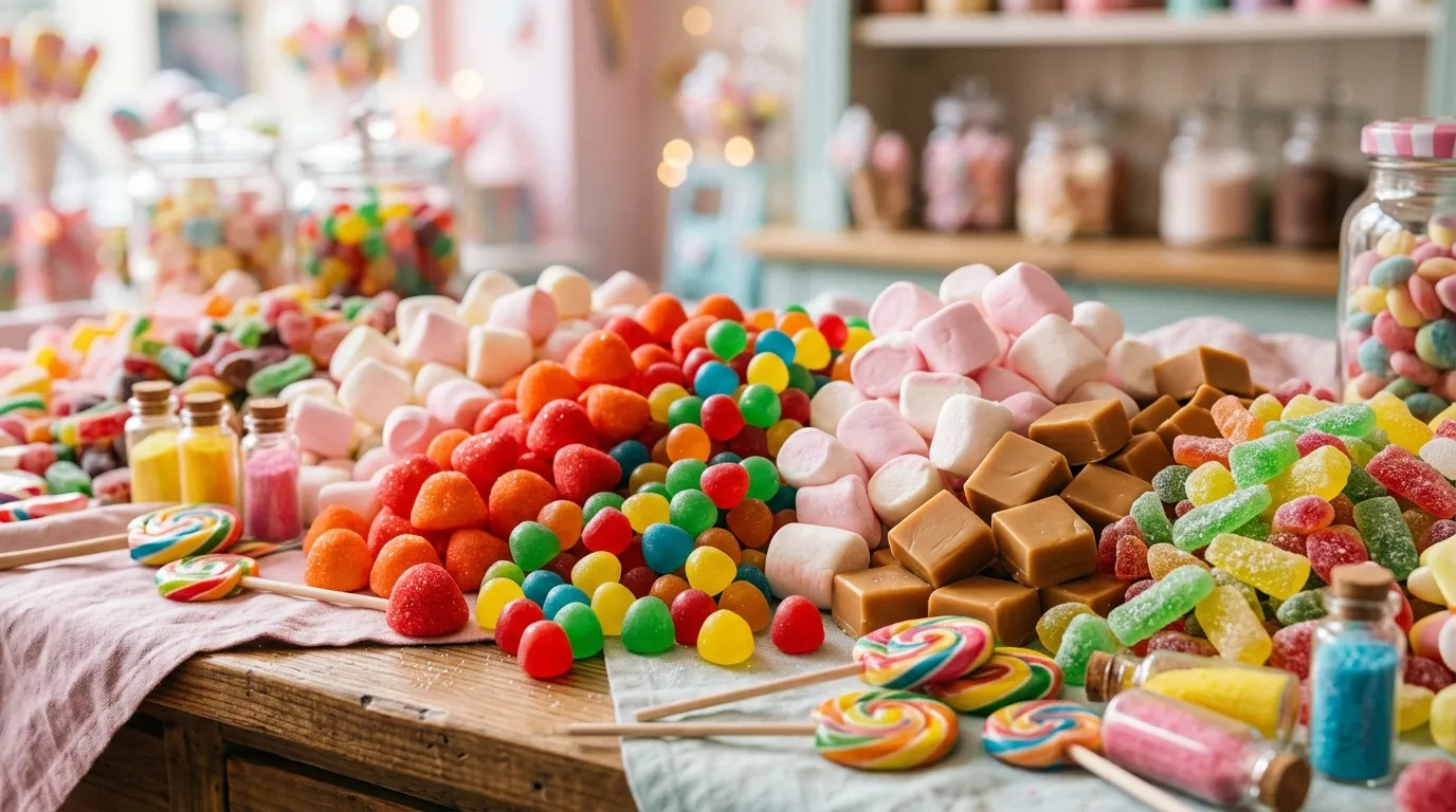 Table remplie de bonbons variés, guimauves, caramels et sucettes colorées.