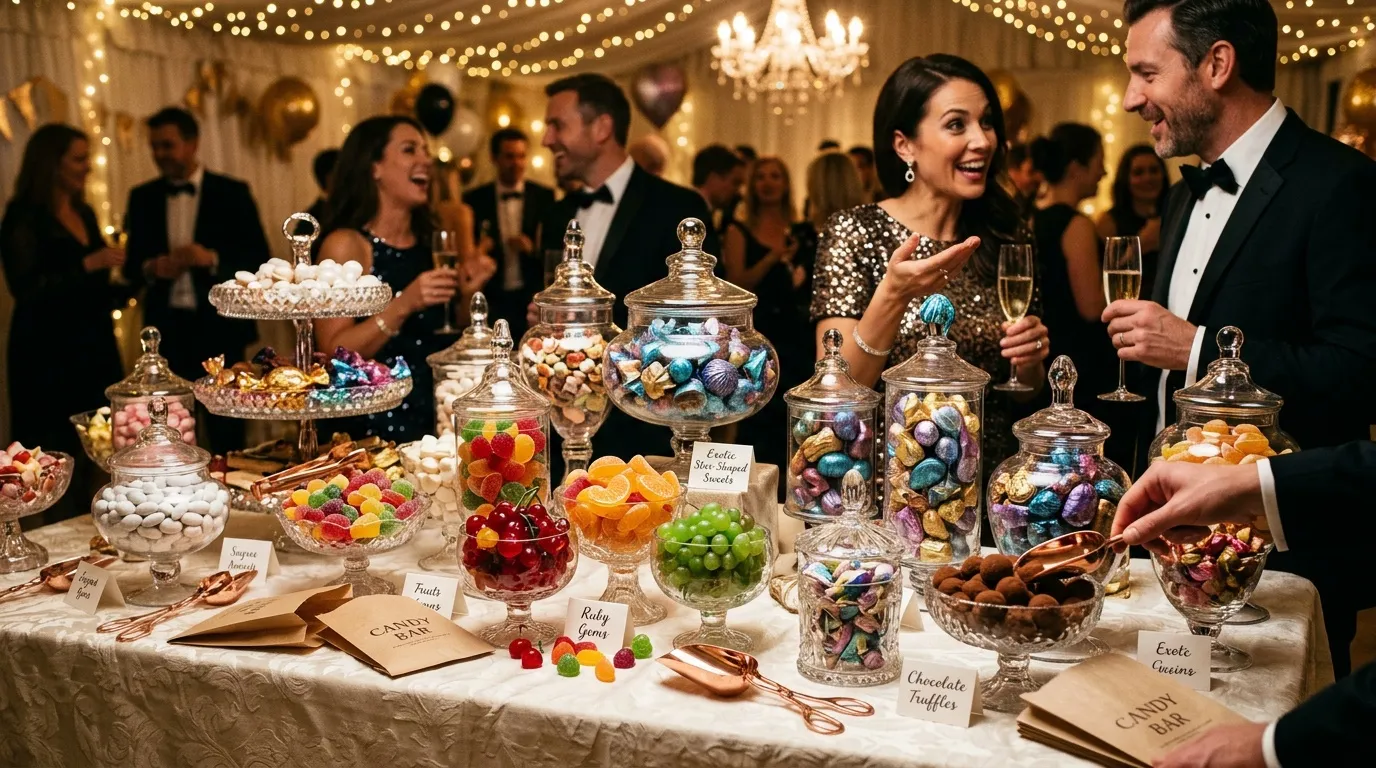 Table décorée bonbons colorés, invités en tenue de soirée