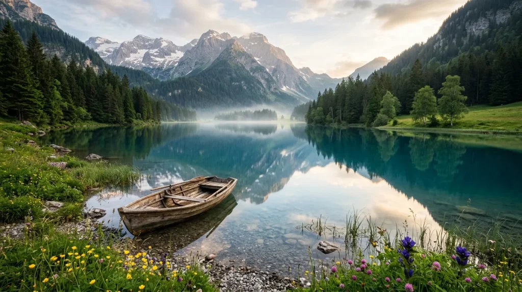 Bateau bois lac montagne enneigée forêt verte fleurs