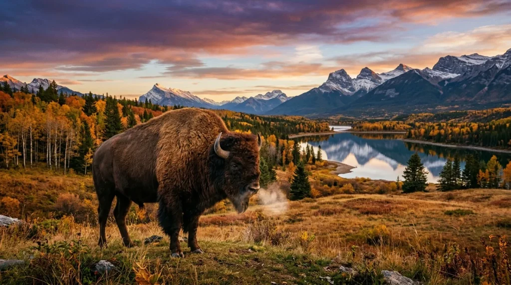 Bison brun dans paysage montagneux avec lac et forêt automnale