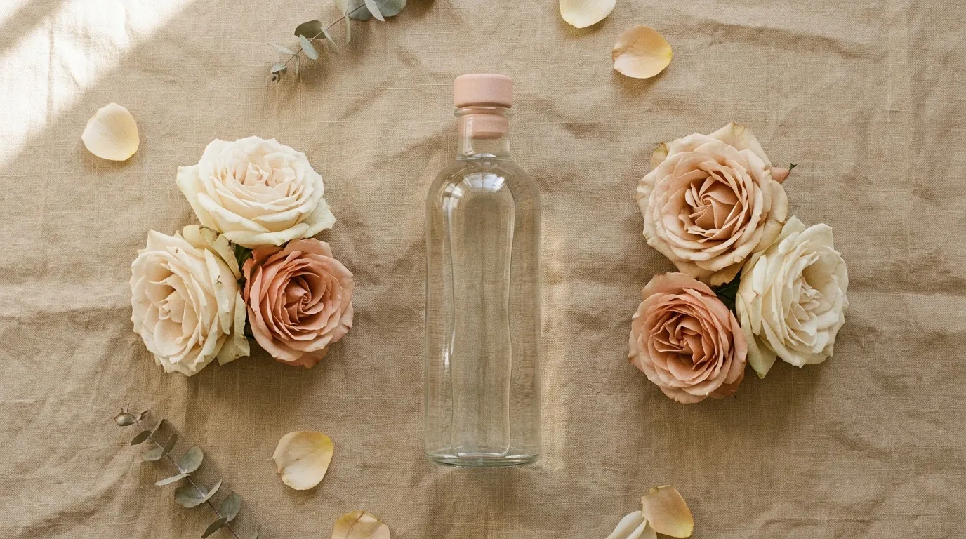 Bouteille de verre entourée de roses pêche et crème sur lin beige