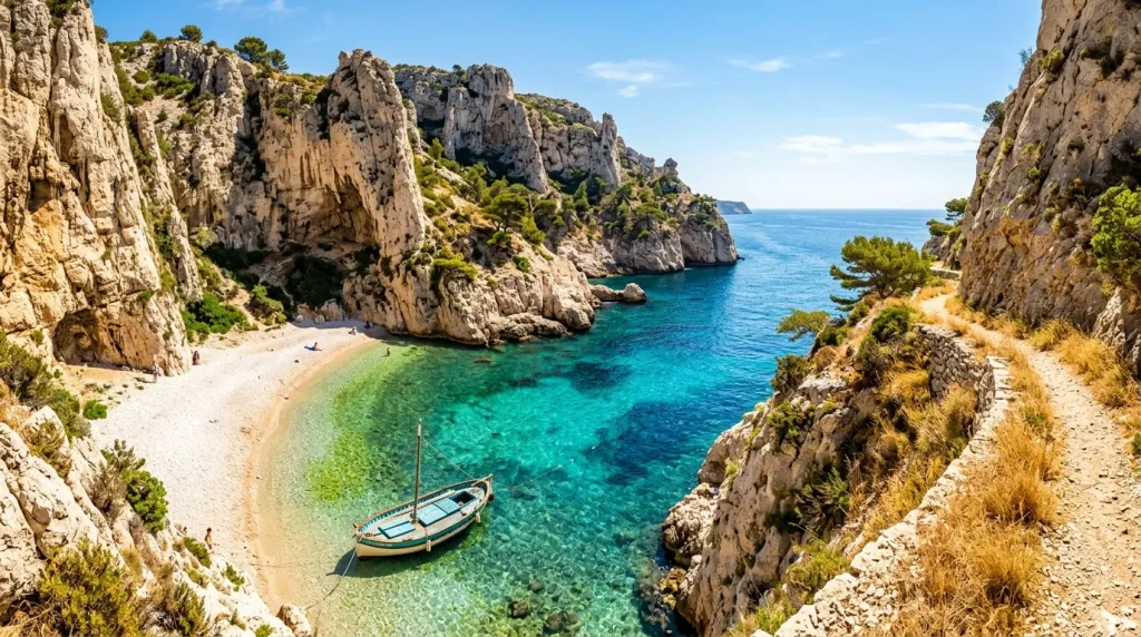 Bateau dans une calanque rocheuse méditerranéenne cristalline
