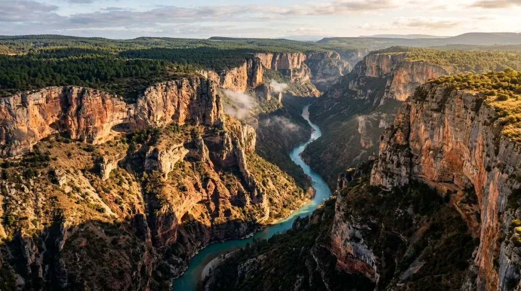Gorge spectaculaire avec rivière turquoise serpentant entre hautes falaises rocheuses