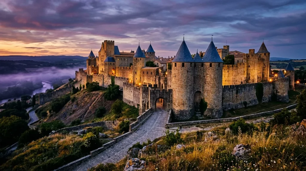 Forteresse médiévale illuminée au coucher du soleil avec rivière