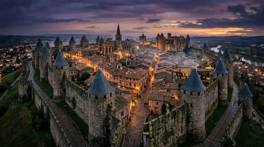 Forteresse médiévale de Carcassonne au coucher de soleil avec tours illuminées