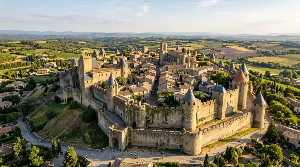 Vue aérienne de la cité fortifiée de Carcassonne avec ses remparts et tours