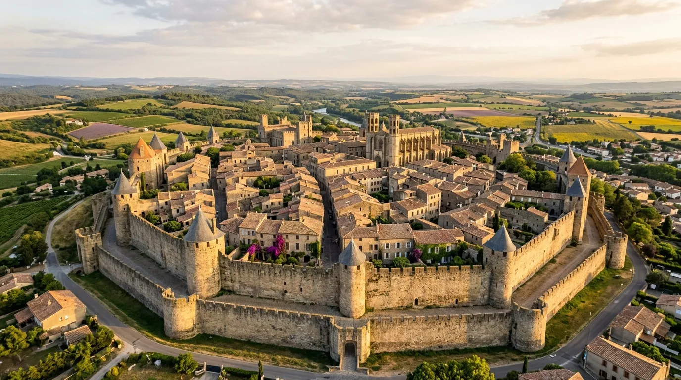 Vue aérienne de la citadelle fortifiée de Carcassonne avec ses murailles