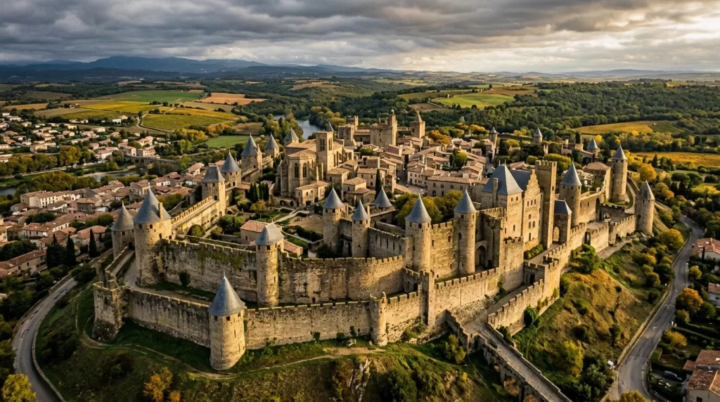Vue aérienne de la cité fortifiée de Carcassonne avec ses tours