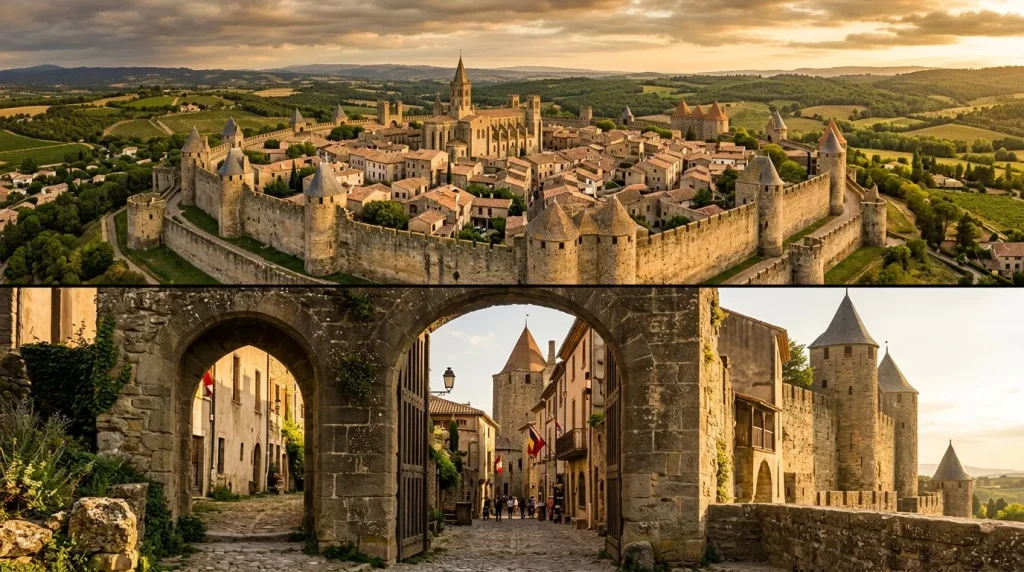 Cité fortifiée médiévale avec murailles, tours et église