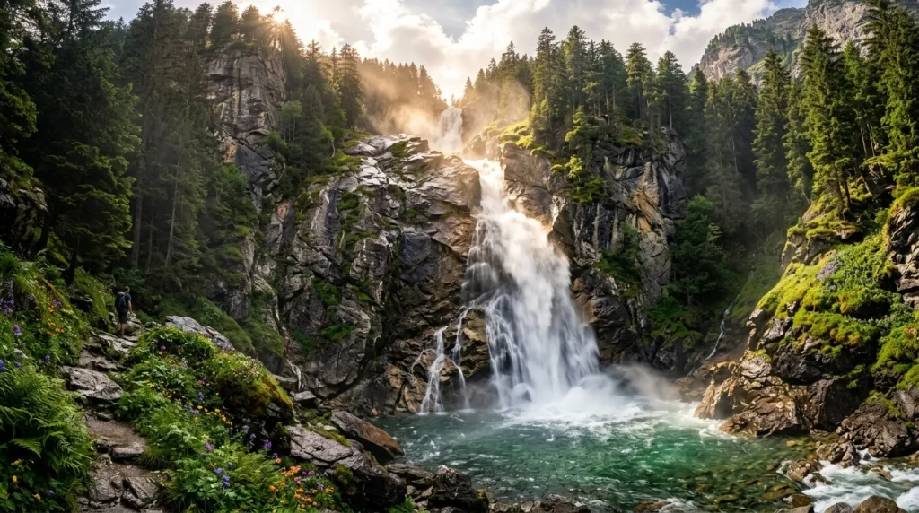 Puissante cascade cascadant dans un bassin turquoise entouré de falaises et forêts de conifères