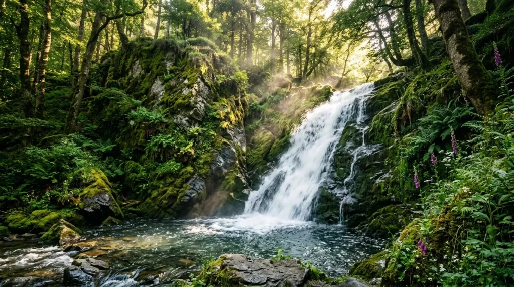 Cascade d'eau dans une forêt dense et mousse verte.