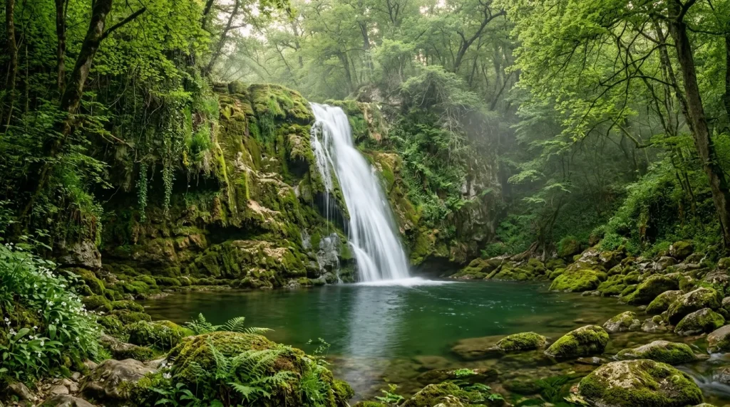 Cascade d'eau blanche dans forêt verte luxuriante et mousseuse