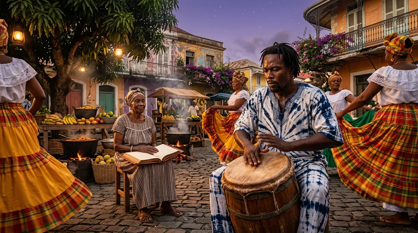 Homme jouant du tambour lors d'une fête traditionnelle caribéenne colorée