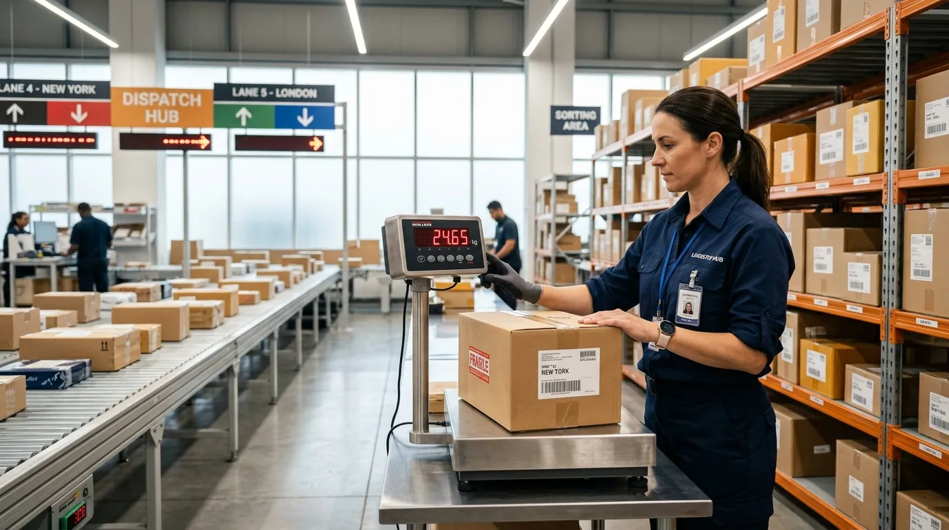 Employée pèse un colis dans un centre logistique.