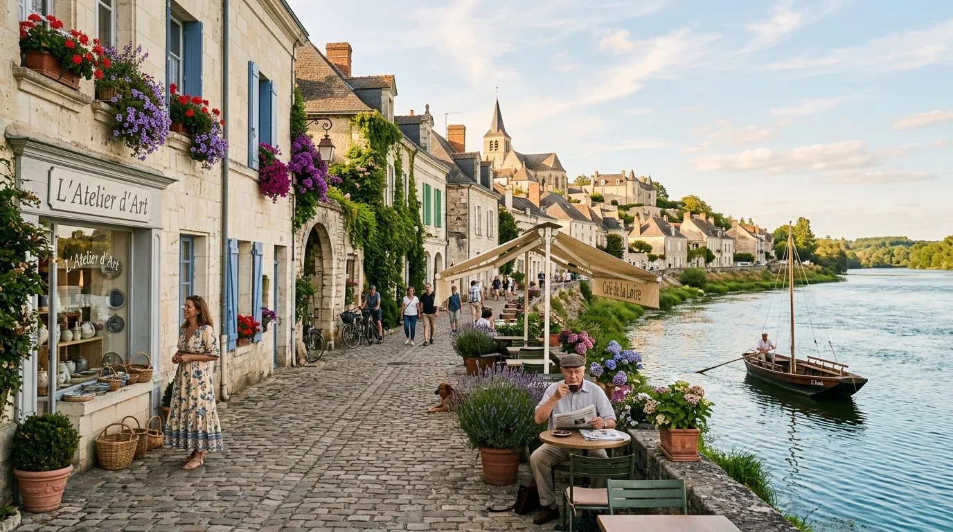 Village français pittoresque au bord de la Loire avec fleurs colorées