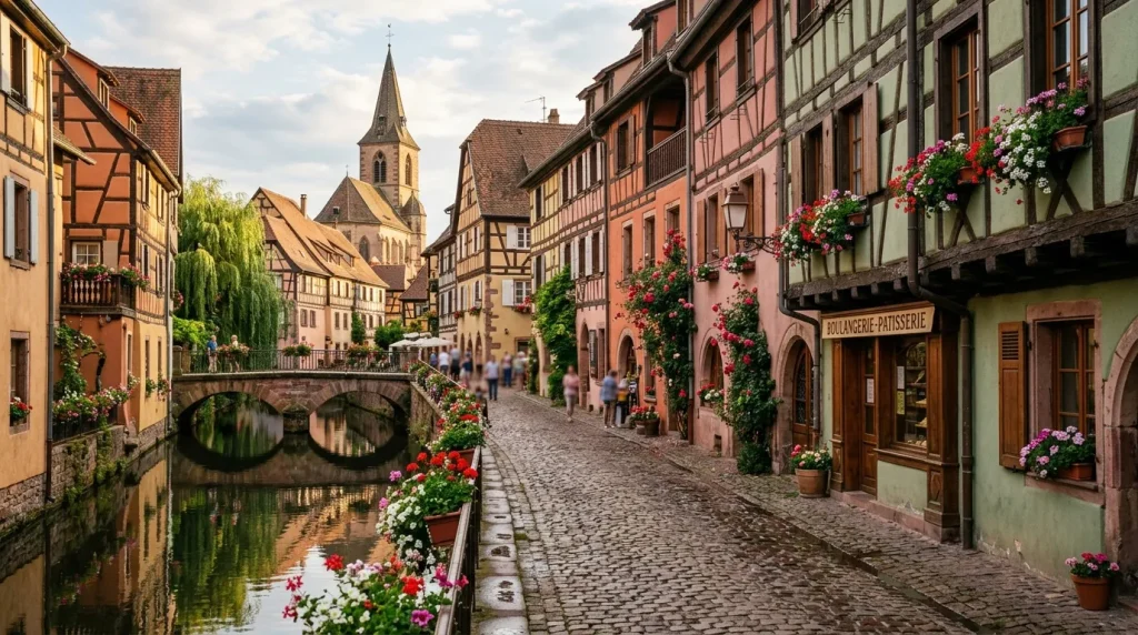 Rue pavée médiévale avec canal, fleurs et église en arrière-plan