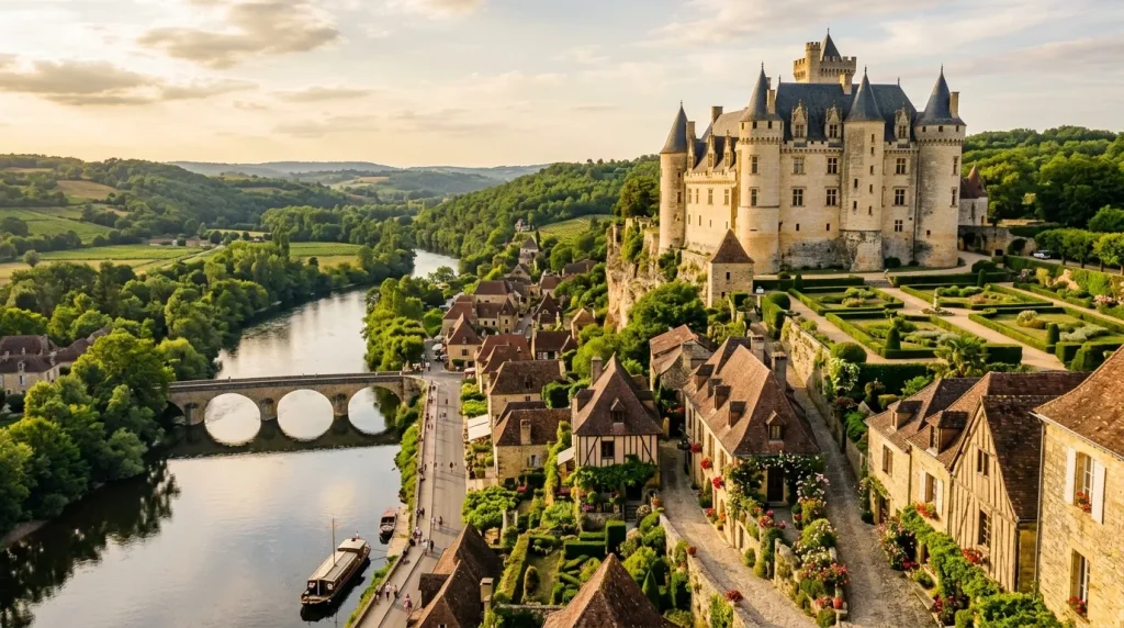 Château médiéval surplombant rivière et village pittoresque