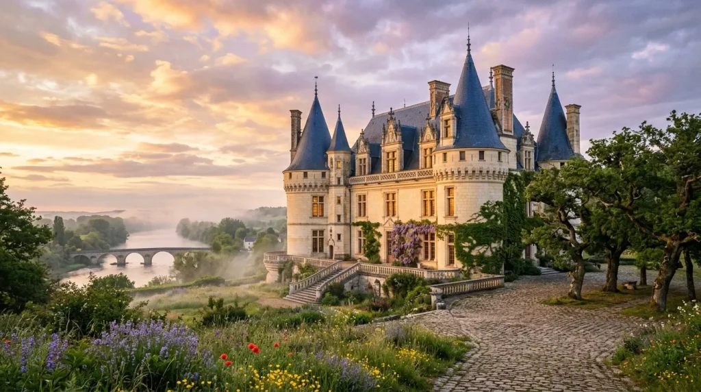 Château blanc avec tours bleues surplombant une rivière