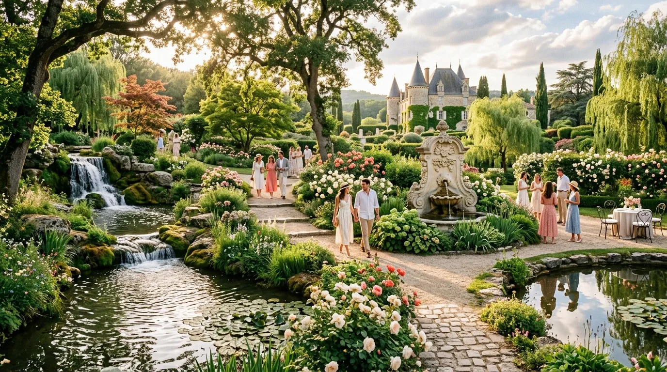 Château médiéval entouré d'un jardin fleuri avec visiteurs