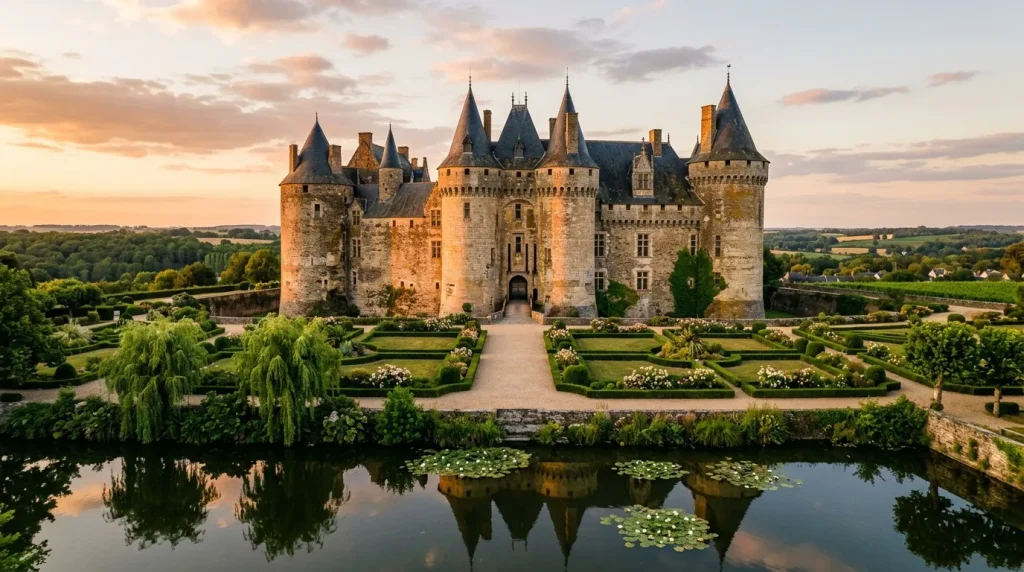 Château de pierre avec tours pointues reflété dans l'eau
