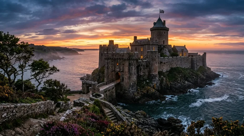Château de pierre sur falaise côtière au coucher du soleil