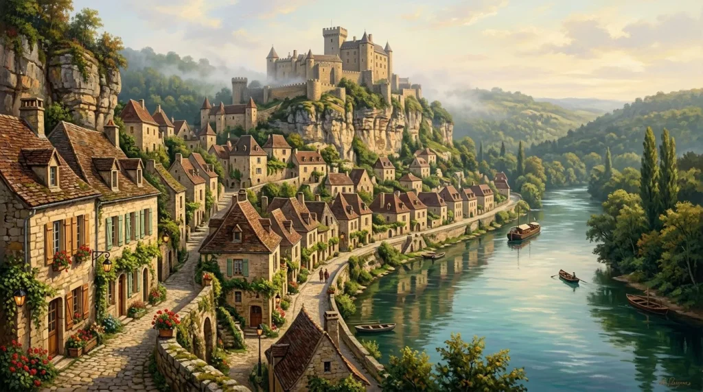 Village médiéval avec château sur falaise surplombant une rivière